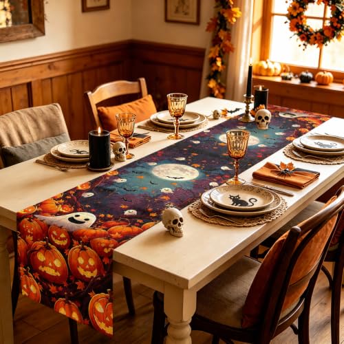 Halloween Table Runner 13x72 Inches with Pumpkins and Ghosts - Fall Autumn Decor