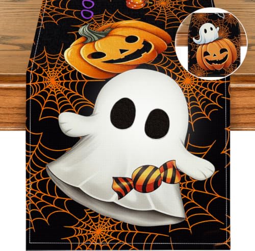 Halloween Table Runner Ghost Pumpkin Spider Web 13x72 Inches - Black & Orange