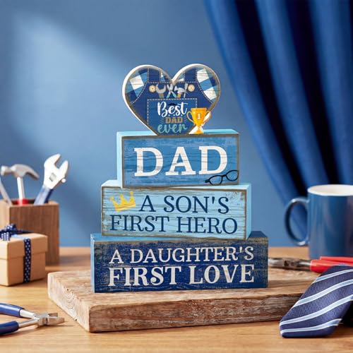 Father's Day Wooden Sign Set - Dad Block Signs Farmhouse Decor, 4 Pieces