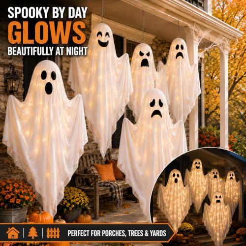 Halloween LED Hanging Ghost Decorations Set with Timer - Outdoor Indoor Party Lights