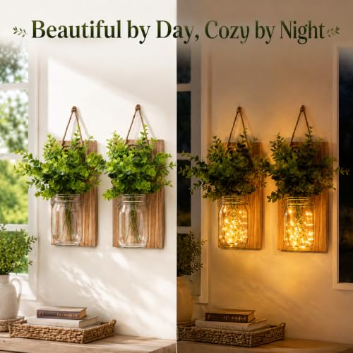 2-Pack Rustic Mason Jar Wall Sconces with LED Fairy Lights & Green Plants