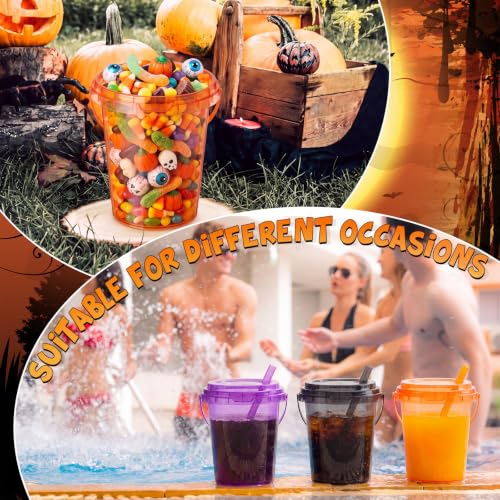Halloween 15-Piece 32oz Drink Buckets Set with Lids Straws Handles - Spooky Bulk Party Supplies