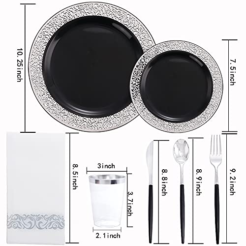 Black Silver Lace Plastic Dinnerware Set for Wedding and Events - 350 Pieces, Variation: Black and Silver