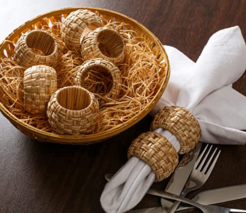 Natural Rattan Napkin Rings Set of 12 - Beige Tabletop Decor for Parties & Holidays