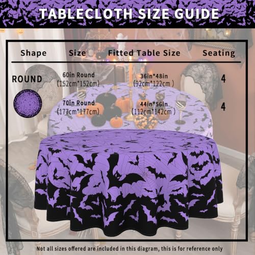 Halloween Bat & Spiderweb Round Tablecloth 60 Inch - Purple, Machine Washable & Stain Resistant - Variation: Bat/Halloween-60"