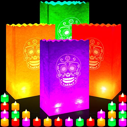 Day of the Dead Luminary Bags with LED Tea Lights - 32 Piece Party Decor Set