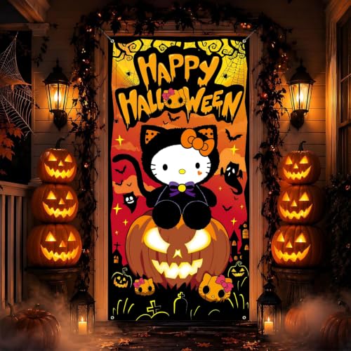 Halloween Door Cover Decorations Pumpkin Ghost Cat Front Door Banner - Reusable & Waterproof