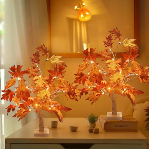Light Up Artificial Maple Tree Decor - 22 Inch Thanksgiving Indoor Outdoor Pack of 2