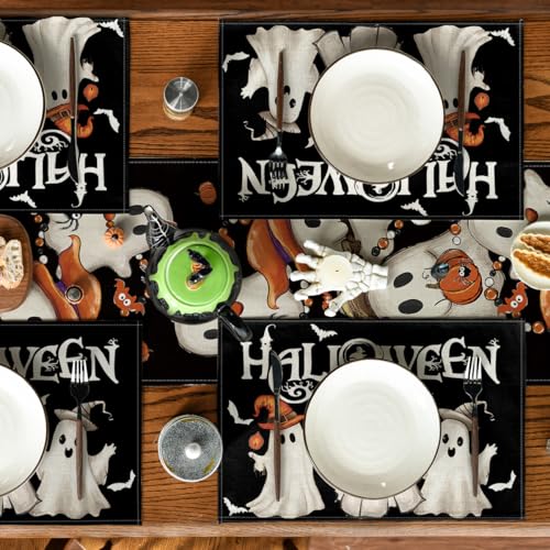 Halloween Ghost Boo Placemats Set of 6 - 12x18 Inch Rectangular Black