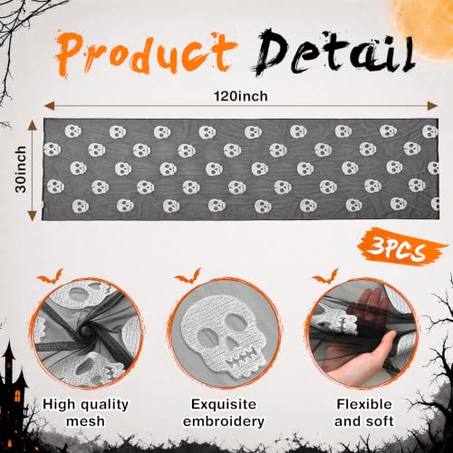Halloween Skeleton Table Runner 10 ft Mesh Tulle with Embroidered Skull Design - 3 Pack - Black & White
