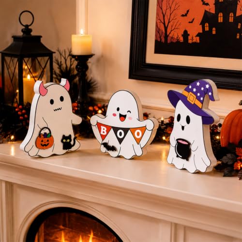 White Wooden Ghost Halloween Decorations Set - Whimsical Table Signs with Bats & Pumpkin