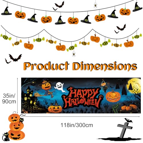 Halloween Fence Banner 118x35 Inch - Outdoor Waterproof Yard Decoration with Ghosts & Pumpkins - 10x3FT Variation 283-1