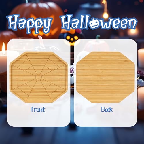 Octagon Bamboo Serving Tray with Spider Web Design - Halloween Snack Platter, 10x9 inches