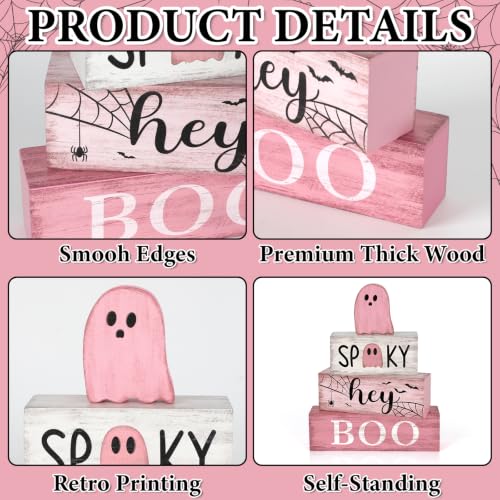 Pink Halloween Wooden Table Decorations Set - Double Sided Ghost & Spooky Signs, Farmhouse Style - Variation of THIS listing