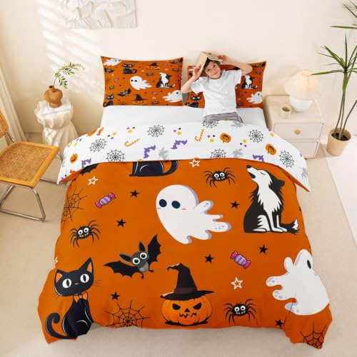 Halloween Bedding Set King Size Cartoon Ghost Pumpkin Black Cat Wolf Bed Cover - Spooky Decor