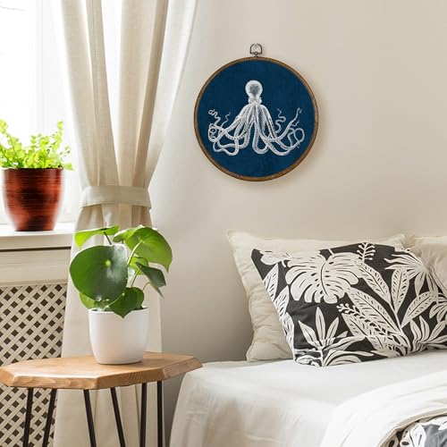 Navy Blue Coastal Octopus Wall Art Decor - Round Canvas for Living Room & Bathroom
