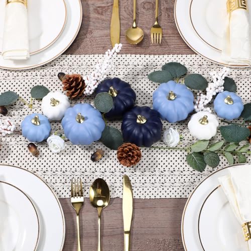 Artificial Fall Pumpkin & Eucalyptus Leaves Decor Set - Blue & White - 56 Pieces