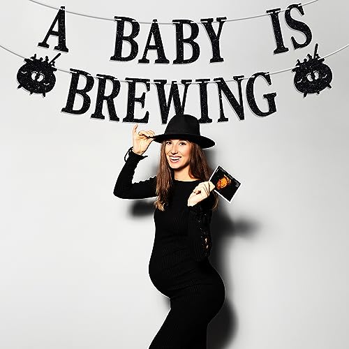 Halloween Baby Shower Banner - Black Glitter 'A Baby Is Brewing' Party Decoration