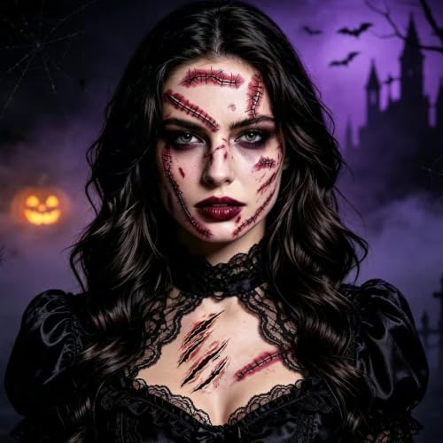 Fake Scar & Bloody Wound Temporary Tattoos - Halloween Horror Makeup Stickers - 25 Sheets