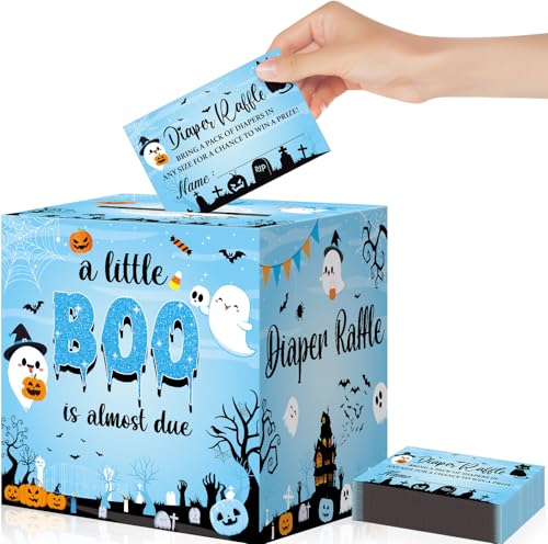 Blue Halloween Diaper Raffle Ticket Set with Box - Baby Shower Party Decorations