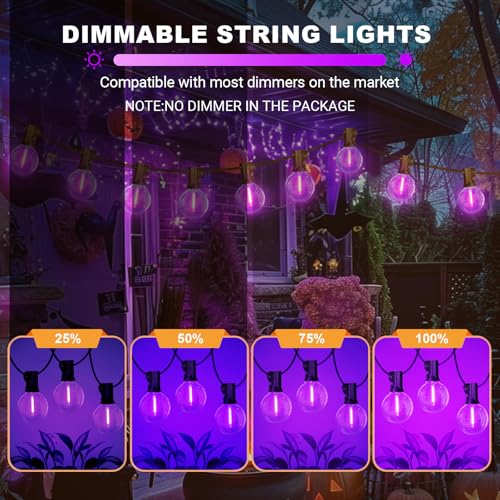 Purple Outdoor String Lights - 26Ft Waterproof Shatterproof Edison Bulbs, Dimmable Patio Decor