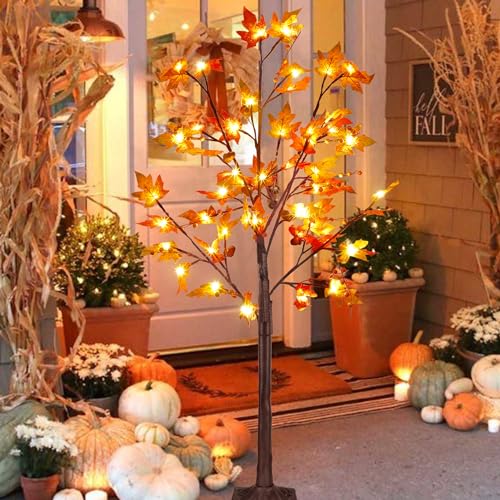 Lighted Maple Tree Decor - 4ft 11in Fall Autumn Thanksgiving Halloween Tree
