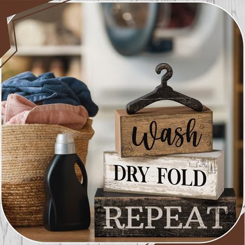 Farmhouse Laundry Room Decor 4-Piece Stacked Wooden Blocks - Rustic Home Accent - Laundry Variation