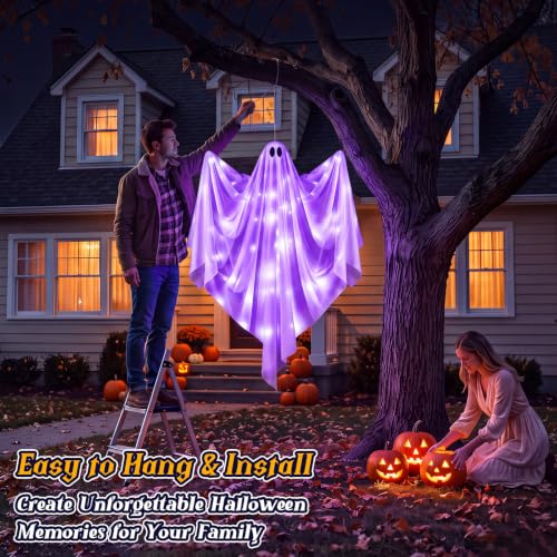 Halloween Hanging Light-up Ghost Decoration - 47-Inch Flying Purple LED Haunted House Prop