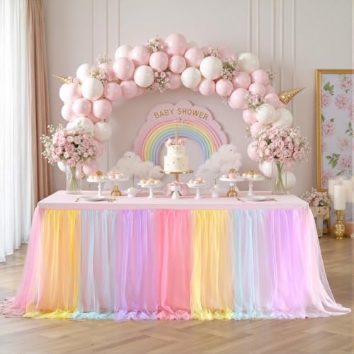 Rainbow Tulle Tablecloth for 8ft Rectangle Tables with Ruffle Skirt - Pastel Rainbow Party Decor