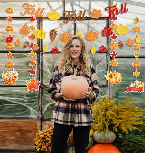 Fall Banner and Garland Set with Glitter Leaves and Pumpkins for Autumn Party Decorations