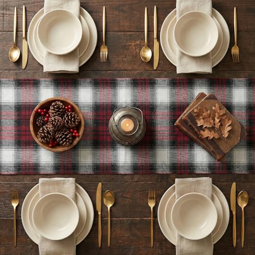 Red Black Farmhouse Christmas Table Runner 13x108 Inch - Holiday Kitchen Decor