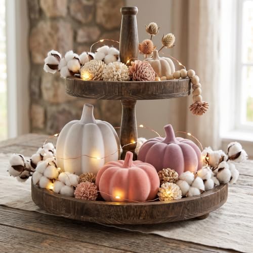 Pink and White Velvet Pumpkin Decor Set - 3 Pcs, Fall Home Accent with Resin Variations