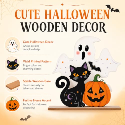 Halloween Wooden Decor Set - Ghost, Black Cat & Pumpkin Farmhouse Table Centerpieces
