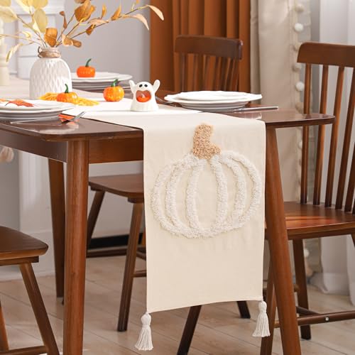 Halloween Beige Pumpkin Embroidered Table Runner with Tassels 13x72 - Pack of 1