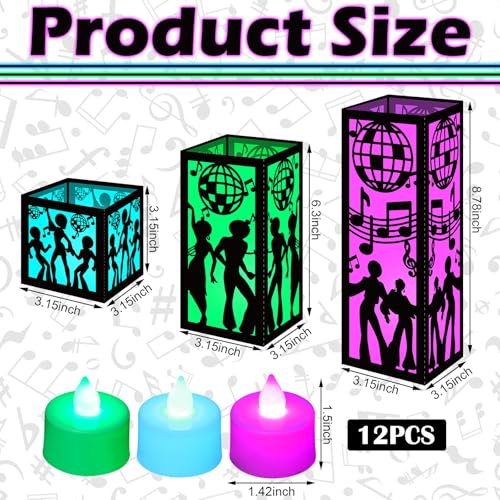 Disco Lantern Centerpieces Set - 12 LED Colored Candles & Paper Lights, Black Pink Green Variations