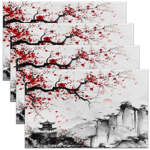 Cherry Blossoms Placemats Set of 4 - White and Red, 18x12 Inches