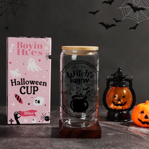 Clear Witch Halloween Glass Cup - 16oz Spooky Boo Coffee Mug with Lid & Straw