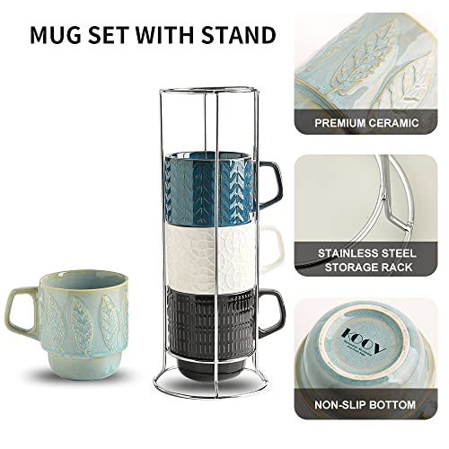 KOOV Ceramic Coffee Mug Set with Stand - Blueset, 16 oz Large Stackable Drinkware