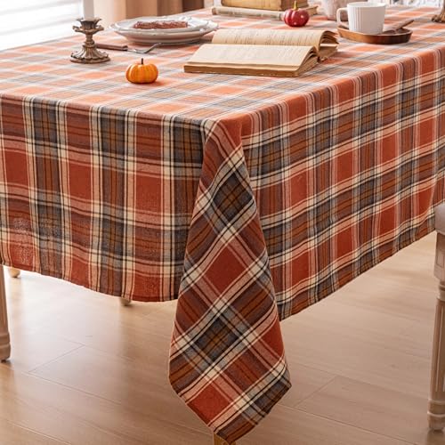 Plaid Fall Tablecloth Rectangle 60x120 Inch Rust - Premium Polyester Table Cover for Thanksgiving & Autumn