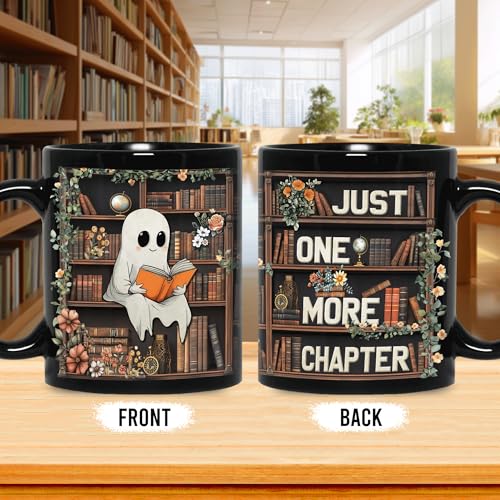 GhostLibr Cute Ghost Reading Mug - Halloween Book Lover Gift, 11oz Black Ceramic Coffee Cup - Variation of THIS listing