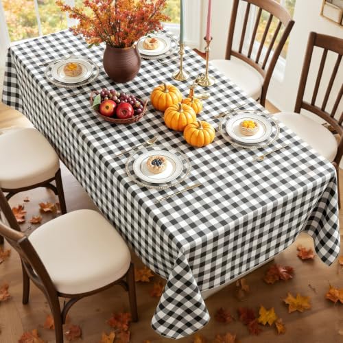 Vinyl Plaid Tablecloth 60x120 Inch Black and White Waterproof Stain-Resistant Rectangular