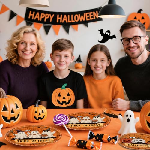 Halloween Ghost Pumpkin Disposable Plate Set - Trick or Treat Party Supplies, Serves 24 - Variation: Ghost Pumpkin