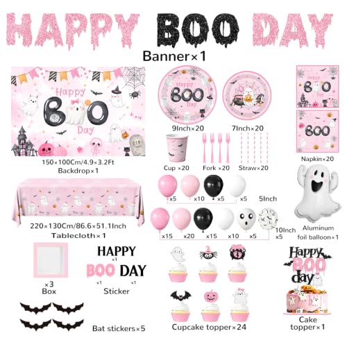 Pink Halloween Boo Day Party Decorations Kit for Spooky Birthday - Serves 20 with Banners Balloons Napkins Plates & Toppers - Variation: Pink
