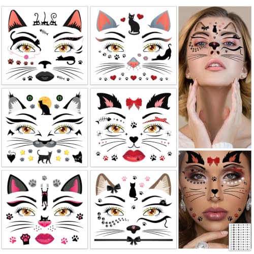 Cat Face Tattoos for Women & Girls - 6 Sheets with Paw Ears & Whiskers - Variation: Cat