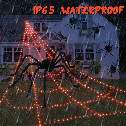 Outdoor Halloween Decorations with 455 LED Spider Web & 59-Inch Spider - Orange Web & Spider Variation