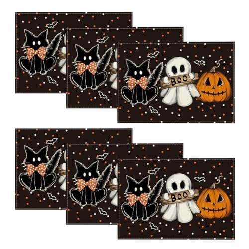 Halloween Ghost Pumpkin Cat Placemats Set of 6 - 12x18 Inch Black Rectangular Seasonal Table Mats
