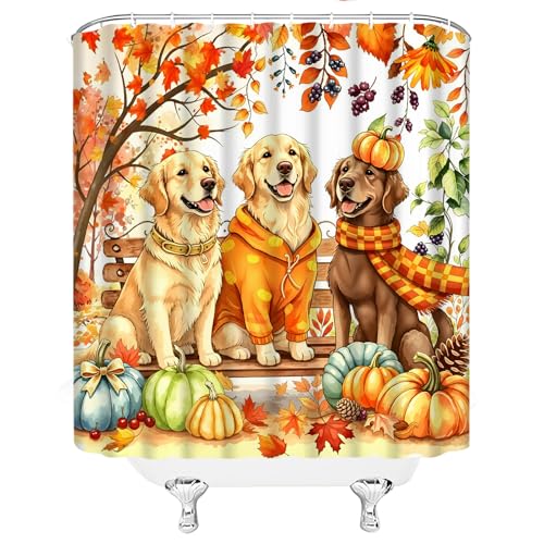 Orange Fall Dog Shower Curtain with Pumpkin & Maple Leaves - 70x70 Inches, Rustic Bathroom Decor with Hooks
