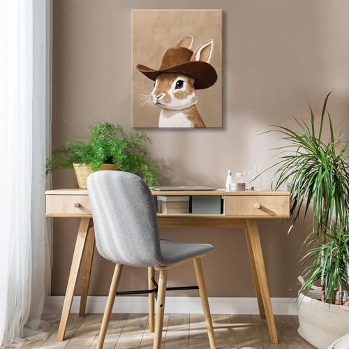 Cowboy Bunny Canvas Wall Art - Neutral Western Nursery Decor, 24x16 inches