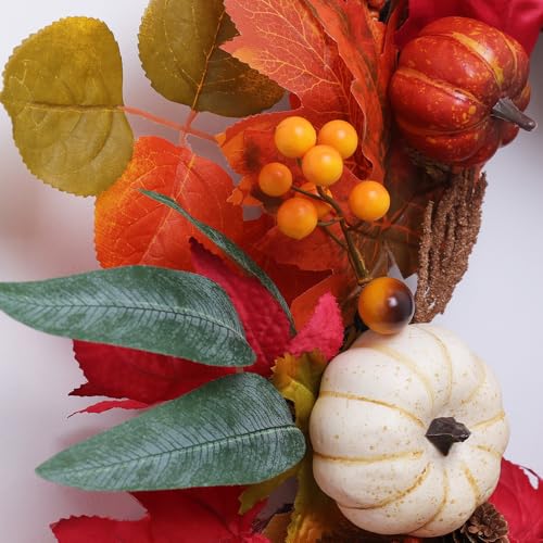 Fall Door Wreath 21 Inch Autumn Decorations with Maple Leaves Pumpkin Berries