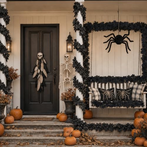 Black Maple Leaves Halloween Garland 2 Pack - Spooky Decor for Indoors & Outdoors - 12 Ft Total with Hooks
